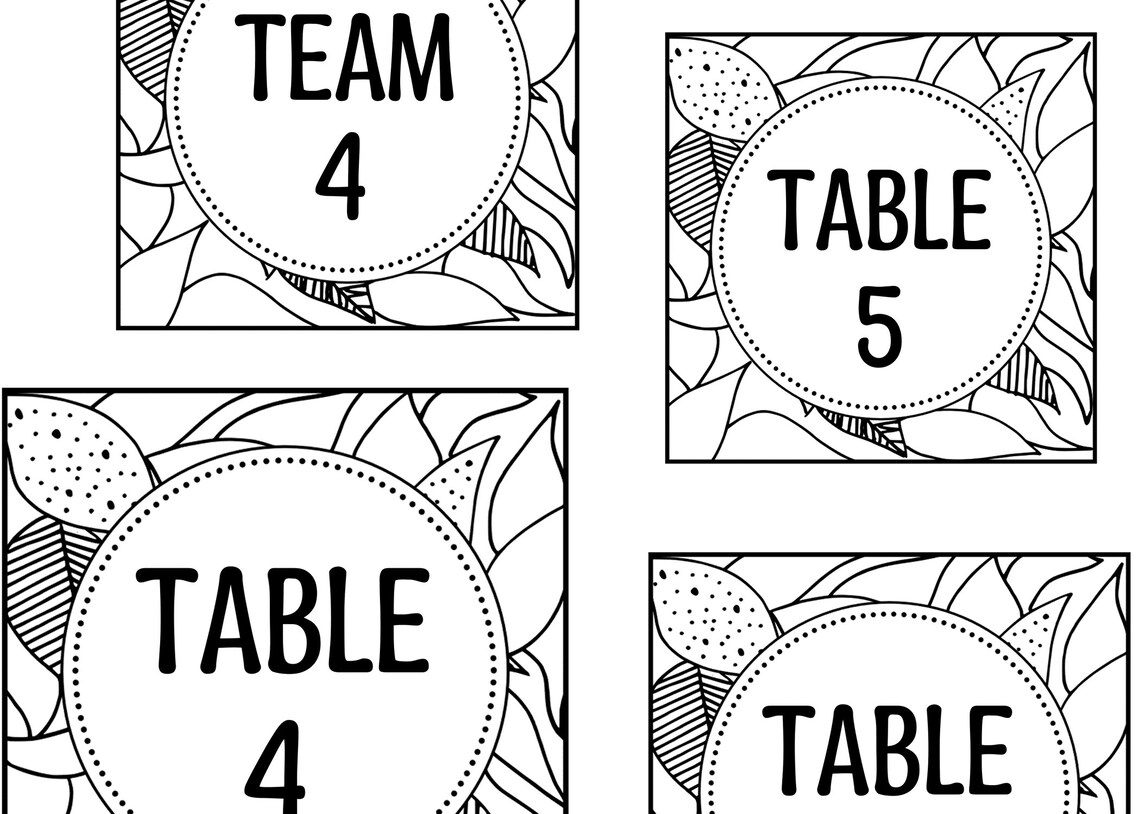 Printable Black and White Classroom Table, Team and Group Numbers