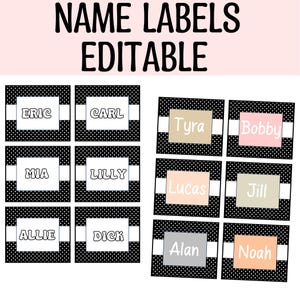 Printable Boho Name Labels, Editable Name Tags, Cubby Tags, Tote Tray Labels, Black and Bright Kids&#39; Name Plates, Name Templates, Name Tents