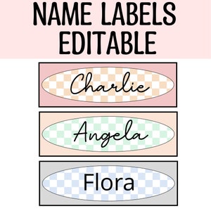 May include: Three editable name labels with a checkered pattern. The labels are pink, peach, and gray with white checkered patterns. The names are Charlie, Angela, and Flora.