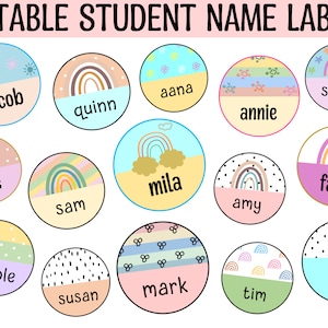 Name Tags Editable Round Rainbow Name Labels, Classroom Labels, Kid&#39;s Names Labels, Editable Boho Name Cards, Name Tents, Student Name Tags