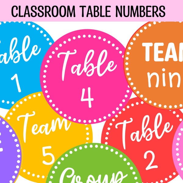 Bright colors classroom table, team and group labels, editable