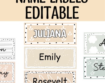 Printable Boho Name Labels, Editable Classroom Decor (PPTX)