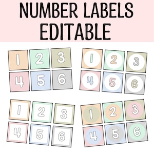 May include: Editable number labels in four different color schemes. Each set includes numbers 1 through 6 in a square shape with a white outline.