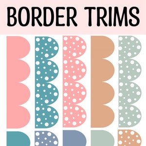May include: Six different border trims with scalloped edges. The trims are in pink, blue, brown, and green with white polka dots.