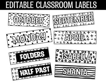 Classroom Labels, Black and White Classroom Labels for kids, Student Name Tags, Name tags, Book Bin Labels, Cubbies Labels, Name Tents, Tags