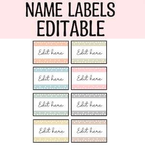 May include: A sheet of eight editable name labels with a variety of pastel colors and polka dot accents. Each label has a black border and the text "Edit here" in a handwritten style. The words "NAME LABELS EDITABLE" are at the top.