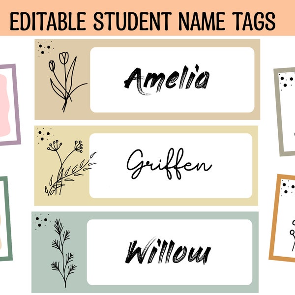 Student Name Tags,Leaves Classroom Labels, Boho Neutral Colors Name Labels,rectangular shaped back to school labels, school labels,Name Tags