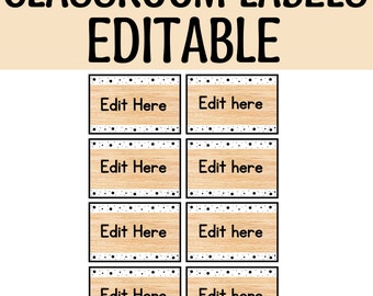 May include: Eight editable classroom labels with a wood grain background and black polka dots. The labels say "Edit Here" and "Edit here".