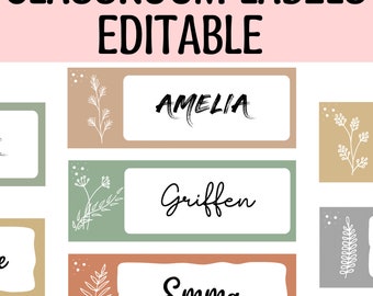 Boho Art Classroom Labels, Editable Student Name Tags, Botanical Name Cards, Cubby Labels, Editable Modern Name Labels, Book Bin Labels