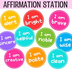 Etiquettes rondes lumineuses avec affirmation positive, Cartes d'affirmations imprimables pour étudiants, Étiquettes circulaires colorées d'affirmations pour la classe, Étiquettes pour salle de classe