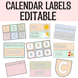 Etiquettes imprimables pour calendrier de classe, couleurs calmes, cartes chiffrées, étiquettes des mois, étiquettes des jours de la semaine, cartes des saisons et de la météo, étiquettes numériques bohèmes