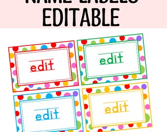Polka Dots Labels, Printable Bright Name Labels, Student Name Tags, Classroom Labels, School Supplies Labels. Kids Name Labels, Name Signs