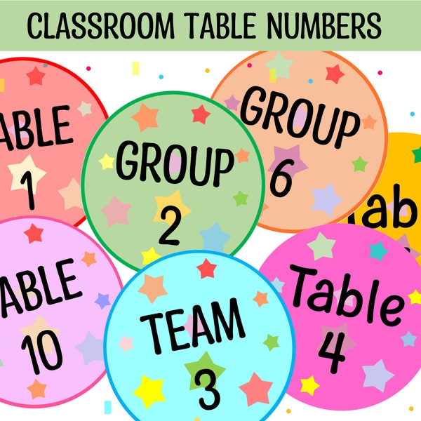 Editable bright colors  stars round classroom table, team and group labels