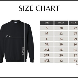 May include: Size chart for a sweatshirt with measurements in inches for chest and length. Sizes range from S to 4XL.