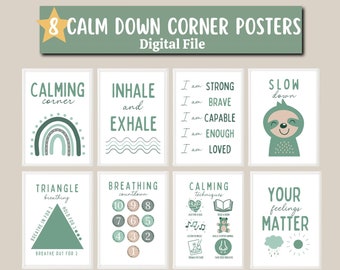 8 Calm Down Corner Posters Sign Kit Printables, Boho Classroom Playroom Decor, Elementary Decor Preschool Calming Classroom Posters Bundle