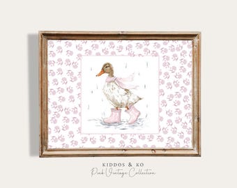 Vintage Duck Nursery Print, Barnyard Nursery Art Cottagecore Print, Nursery Decor Girls Farm Animals Prints, Vintage Pink Nursery Wall Art