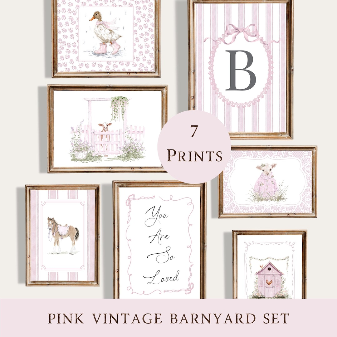 Pink Farm Animal Nursery Wall Decor Vintage, Baby Girl Room Animal Art ...