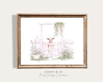 Lámina floral de vaca para guardería, arte animal para habitación de bebé, arte vintage rosa para pared de guardería, decoración de animales de granja para guardería, estampado de vaca de corral, arte de granja