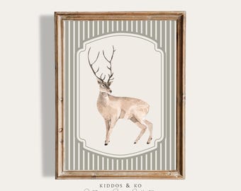 Impresión de acuarela de ciervos para habitación infantil, arte de pared de animales del bosque para niños, decoración vintage para habitación infantil, arte rústico para habitación de niño de cabaña