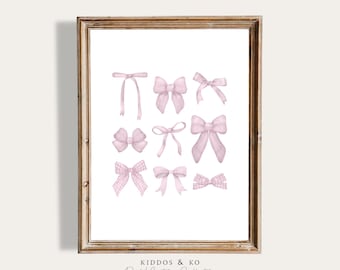 Pink Bow Nursery Art, Minimalistic Coquette Print Girl Room Decor, Trendy Watercolor Bow Poster Coquette Print, Preppy Pink Bow Decoration