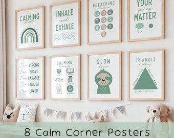 8 Calm Down Corner Posters Sign Kit Printables, Boho Klaslokaal Speelkamer Decor, Elementair Decor Voorschoolse Kalmerende Klaslokaal Posters Bundel