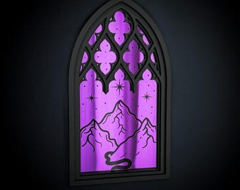 Nachthof Gothic Kathedrale Fenster: Acryl Wand Kunst | Fantasy Bücherregal Dekor