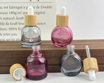 Flacons compte-gouttes en verre coloré avec couvercles en bambou - Récipients à motifs floraux pour huiles essentielles, mélanges de parfums et soins de la peau au format voyage