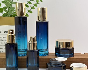 Flacons cosmétiques de luxe en verre dégradé bleu, Flacon vaporisateur vide rechargeable pour pompe de lotion, Pot de crème, Emballage de soin de la peau, Décoration de spa