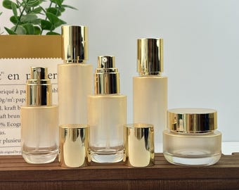 Luxury Glass Gold Gradient Cosmetic Container, Empty Skincare Packaging, Lotion Bottle, Fine Mist Sprayer, Cream Jar, Leak-proof Travel Size