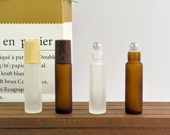 10ml Glass Roll On Bottle, Frosted Amber Essential Oil Bottle, Refillable Perfume Jar, Empty Roller Bottle with Plastic Wood Grain Cap
