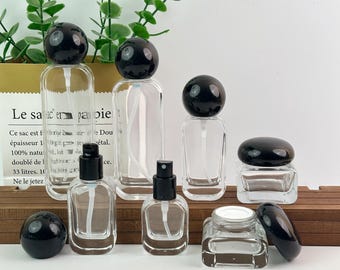 30g-120ml Glass Cosmetic Bottle, Clear Lotion Pump Spray Bottle and Cream Jar with Black Cap, Refillable Skincare Packaging
