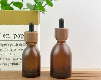 30ml 50ml Cosmetic Serum Packaging, Amber Glass Dropper Bottle with Wood Cap, Refillable Skincare Bottle, DIY Perfume Bottle