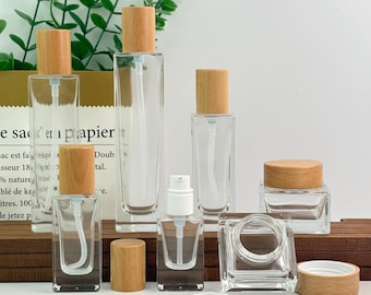 Luxury Clear Square Glass Skincare Packaging, Wooden Cap Lotion Pump & Cream Jar, Empty Cosmetic Container with Natural Wood Style Caps
