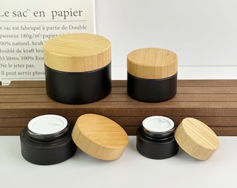 Mattschwarzes Glas mit Holzkappen, nachfüllbare Kosmetikbehälter, leere Hautpflegeverpackung für Gesichtscremebalsam, Aufbewahrung Körperbutter