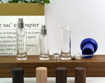 10ml 15ml Glass Crimp Spray Bottle, Clear Refillable Perfume Atomizer with Wood Cap, Empty Travel Fragrance Body Mist Container DIY Beauty