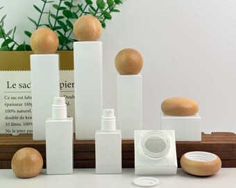Refillable Glass Lotion Bottle & Reusable Glass Cream Jar - White Cosmetic Containers with Natural Wooden Caps for Skincare/Body Moisturizer