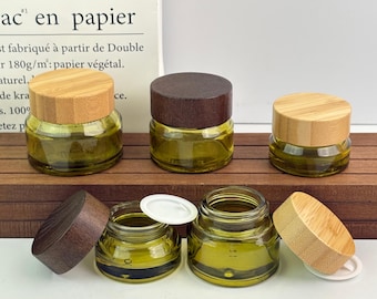 15g 30g 50g Glass Cream Jar, Olive Green Cosmetic Container with Bamboo or Dark Wood Cap, Refillable Balm Packaging, Eco Friendly Jar