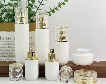 Luxury White Glass Cosmetic Containers, Empty Lotion Pump Bottle, Mist Spray & Cream Jar, Refillable Skincare Packaging, Gold Crystal Cap