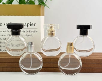25ml Clear Glass Perfume Spray Bottle, Refillable Round Fragrance Atomizer, Empty Cologne Bottle with Gold or Silver Sprayer, Decorative Cap