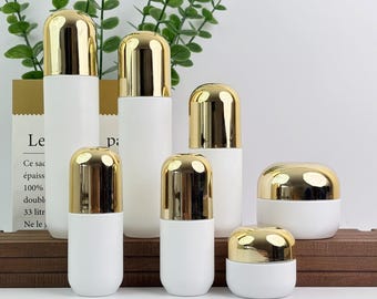 Pot de crème en verre et flacons de lotion/spray avec corps blanc et bouchons en or, emballage de soin de la peau vide pour le stockage de produits de beauté, cosmétique DIY