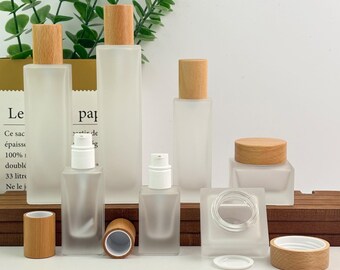 Minimalist Frosted Glass Cream Jar & Lotion Bottle, Square Skincare Container with Wooden Cap, Empty Beauty Skincare Packaging, Pump Bottle