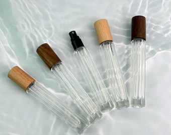 10ml Glass Spray Bottle, Refillable Perfume Atomizer with Wood Cap, Clear Ribbed Travel Fragrance Bottle