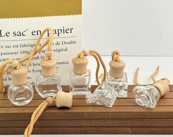 8 ml Klarglas-Auto-Duftflasche, hängende Lufterfrischerflasche mit Holzverschluss, nachfüllbare Duftflasche in 6 Formen, Aroma-Hängeglas