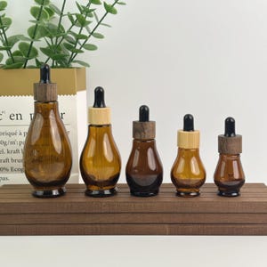 Amber Teardrop Glass Dropper Bottles with Bamboo/Wood Lids - Five Size Eye Droppers for Skincare, Essential Oils & DIY Beauty, Travel Size