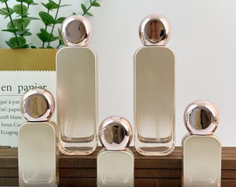 Champagne Frosted Glass Beauty Cosmetic Bottles - Rose Gold Sphere-Cap Spray & Lotion Containers Multi-Size Set for Daily Beauty Essentials