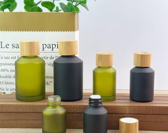 15ml 30ml 60ml Empty Serum Bottle , Matte Black & Frosted Green Glass Refillable Bottles with Bamboo Screw Cap, Essential Oil Bottle