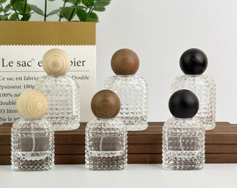 Botellas de vidrio con atomizador de 30 ml/50 ml, rellenables, con tapa esférica de madera, para perfumes, sueros, aromaterapia, aceites esenciales, belleza y maquillaje.