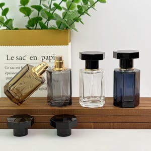 50ml Glass Perfume Spray Bottle, Faceted Cologne Bottle, Refillable Atomizer with Black Cap and Gold Sprayer, Flakon for fragrance