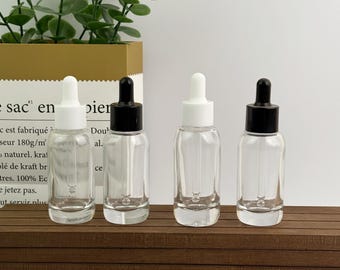 Frascos cuentagotas de vidrio de 30 ml, frasco transparente con tapa cuentagotas negra/blanca, envase rellenable para aceite facial, muestras de productos para el cuidado de la piel, marcas pequeñas