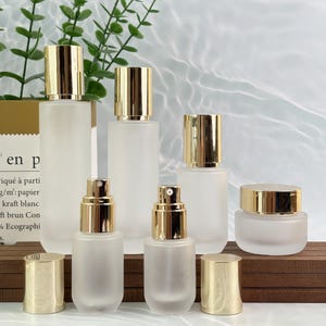 Navulbare matglazen spuitflessen, lotionflessen en zalfpotjes - luxe cosmetische containers met gouden dop voor huidverzorging/schoonheid, lekvrij